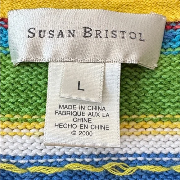 Susan Bristol Yellow Multi Striped cotton blend Knit Vest with Cats, Fish - Picture 3 of 4